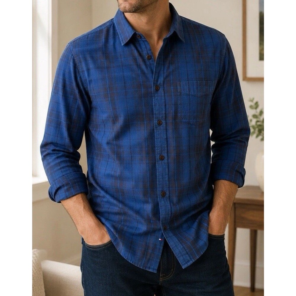 Tommy Hilfiger Custom Fit Shirt Medium Blue Plaid Long Sleeve 100% Cotton